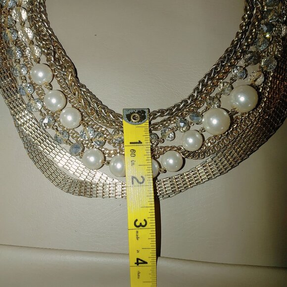Statement Necklace Multi 8 Strand Glass Crystals Faux Pearls Gold Silver Chunky - Picture 5 of 15